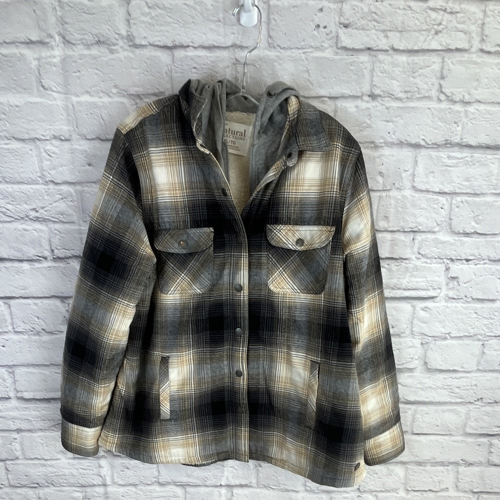 Natural Reflections Workwear Plaid Hooded Sherpa Lined Button Shacket Size XL
